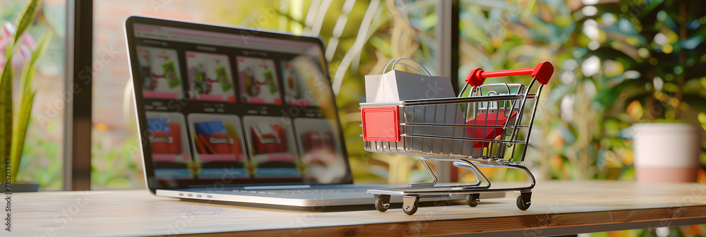 Close-up of miniature shopping cart on laptop, E-commerce Essentials: Close-Up of Miniature Shopping Cart on Laptop