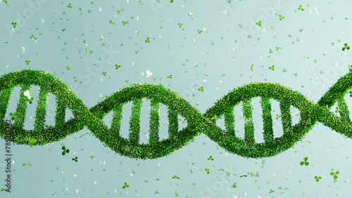 3D render of DNA structure made of green leaves, bioengineering and sustainability in science. Environmental biology, green technology background.