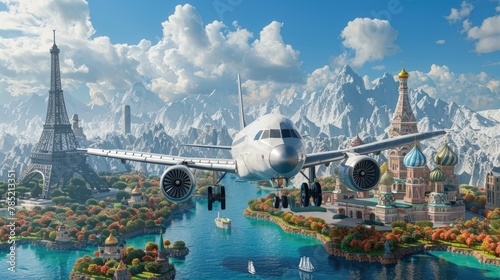 Airplane Soaring Over Iconic Global Landmarks in a Dreamlike World #785213351