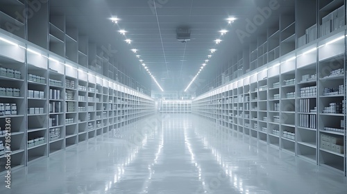 Modern spacious warehouse interior with neat rows of shelves stocked with boxes under bright lights
