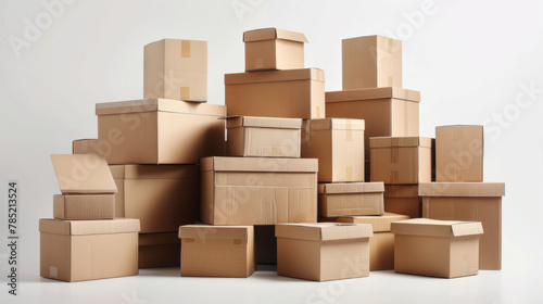 Various cardboard boxes for shipping, isolated on white background, in mockup format. © ChubbyCat