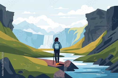 adventure girl stands in nature landscape by waterfall illustration