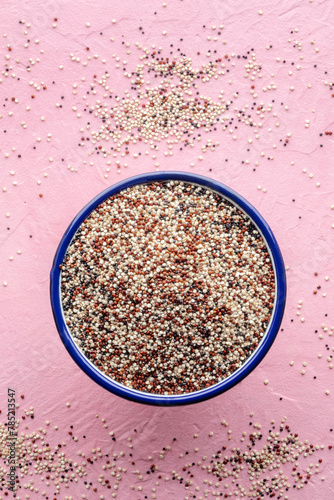 Quinoa mix. Mixed white, red and black quinoa seeds in a bowl, top shot