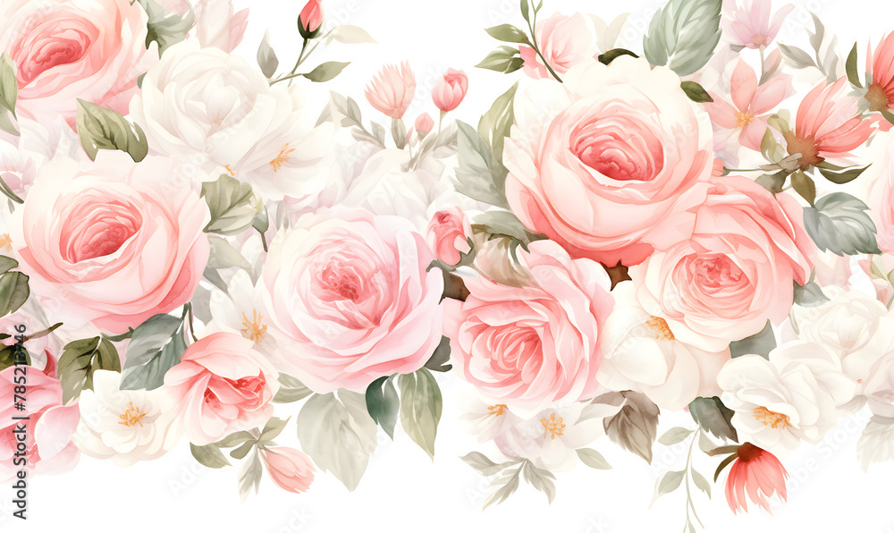 White and pink roses pattern, watercolor, Generative AI White and pink roses pattern, watercolor, Generative AI