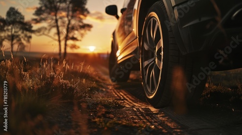 Sunset road trip with a modern car driving on a countryside path photo