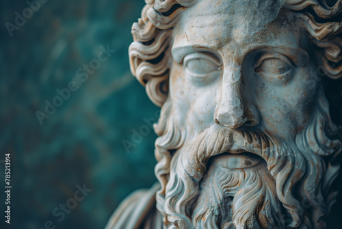 Ancient old Greek God statue on blue background  © Anna