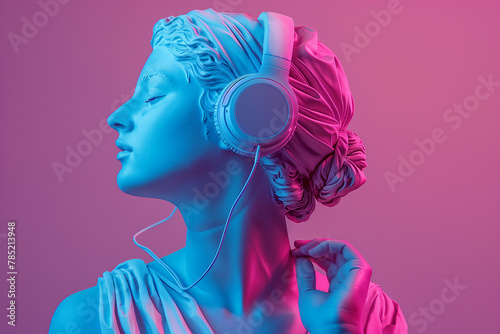 Synthwave roman 3D statue of a woman with headphones listen to music and relax