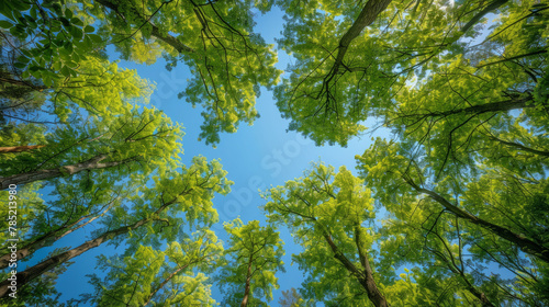 View of lush green forest canopy against blue sky  seen from below  showcasing the beauty and serenity of nature.
