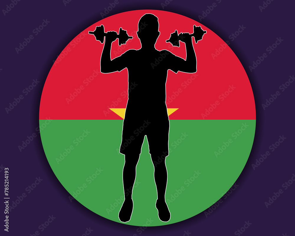 Athlete with dumbbells front of Burkina Faso flag, bodybuilder silhouette vector Athlete with dumbbells front of Burkina Faso flag, bodybuilder silhouette vector