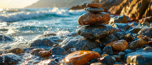 Zen Stones Stacked by Tranquil Water at Sunset photo