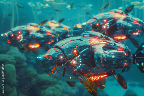 Futuristic fish robots controlled by AI intelligence in nature underwater