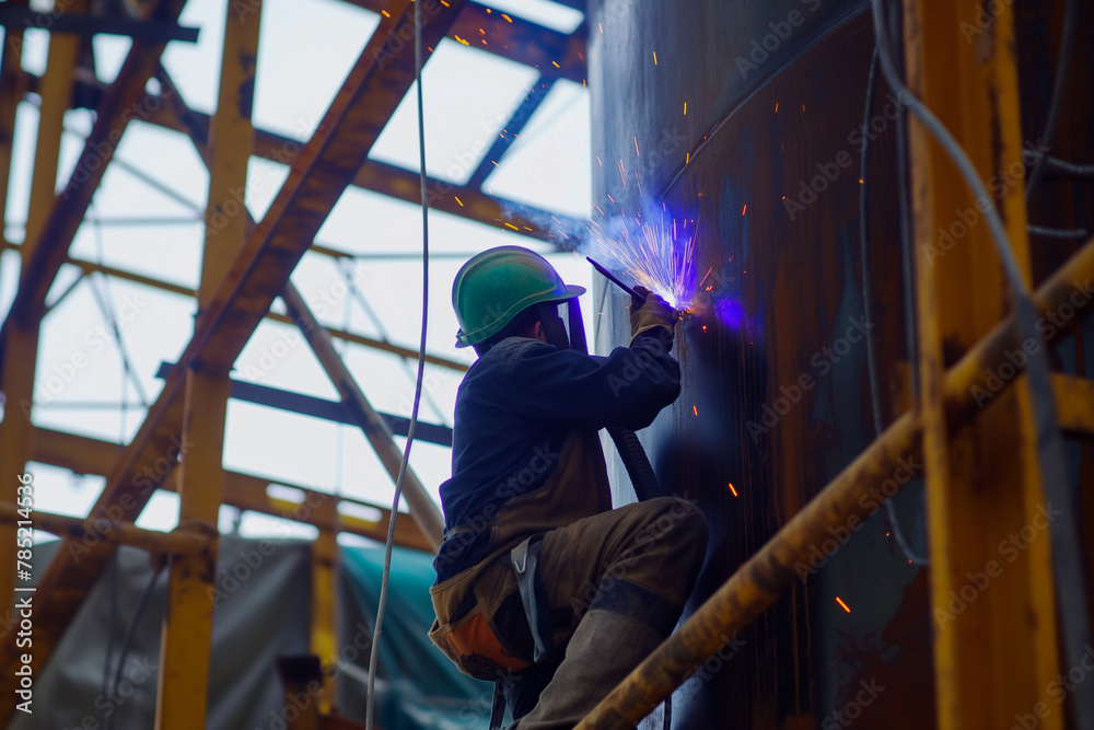 Professional welder working welding steel pipe, building construction site.