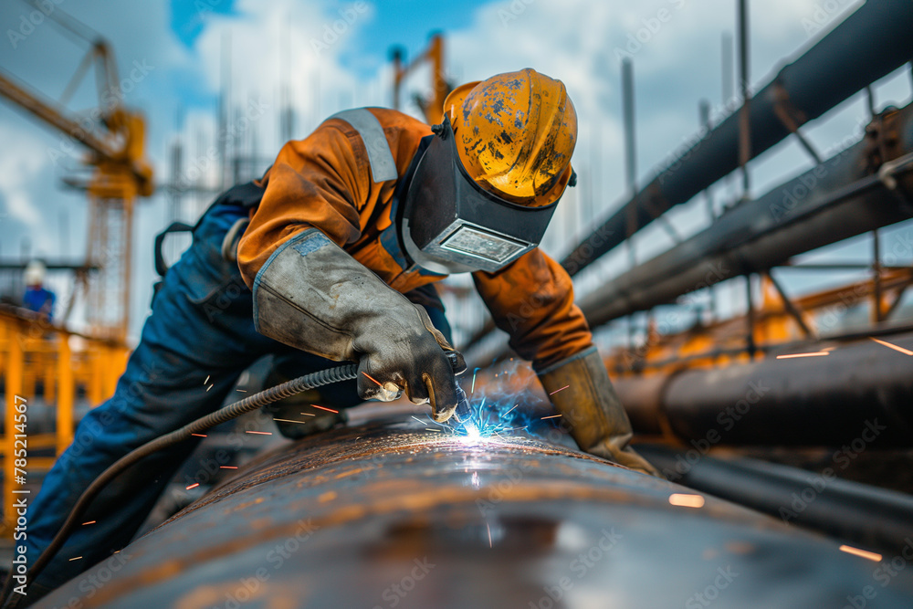 Professional welder working welding steel pipe, building construction site. Professional welder working welding steel pipe, building construction site.