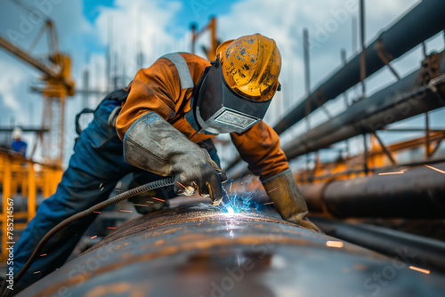 Professional welder working welding steel pipe, building construction site.