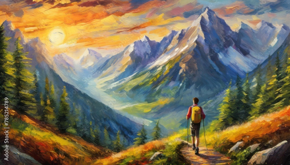 Illustrations of hiking trekking mountains, surrounded by vibrant colors of nature, oil painting
