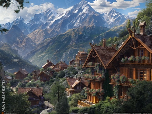 A mountain village with many houses and a few trees. The houses are made of wood and have a rustic feel. The mountains in the background are covered in snow