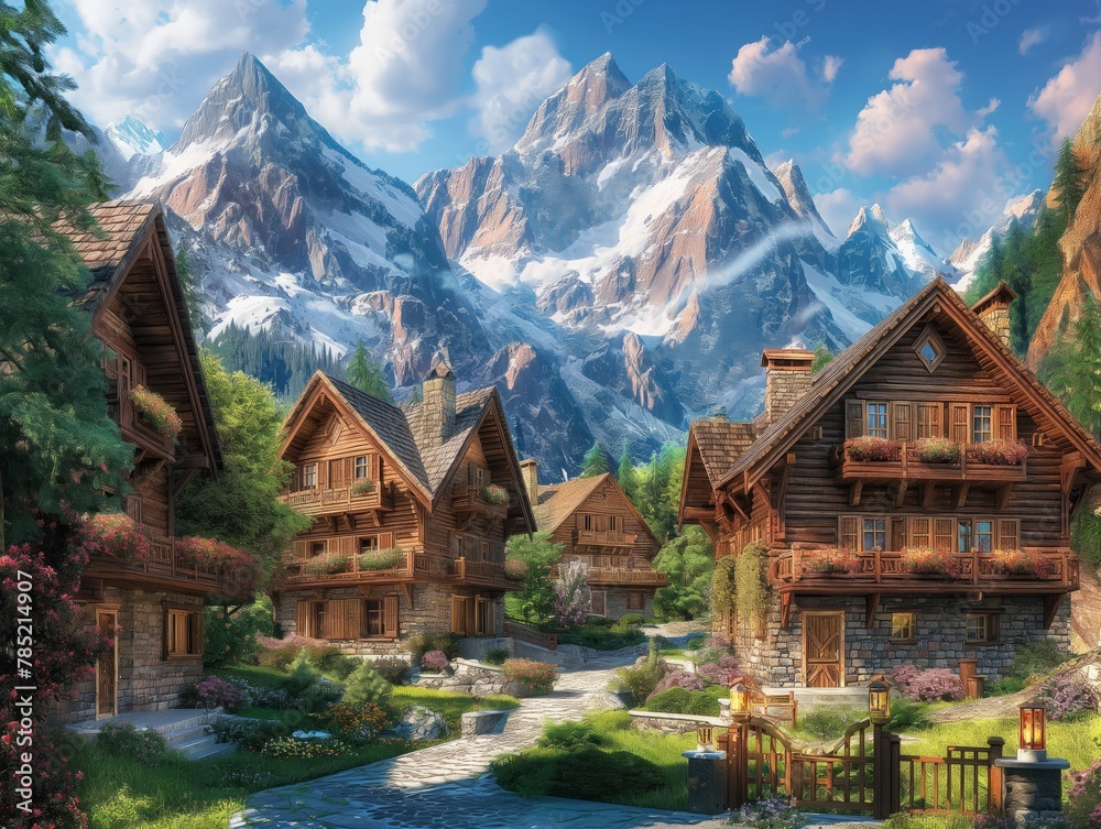 A mountain village with houses and a path. The houses are made of wood and have a rustic feel. The path is surrounded by flowers and trees, creating a peaceful and serene atmosphere