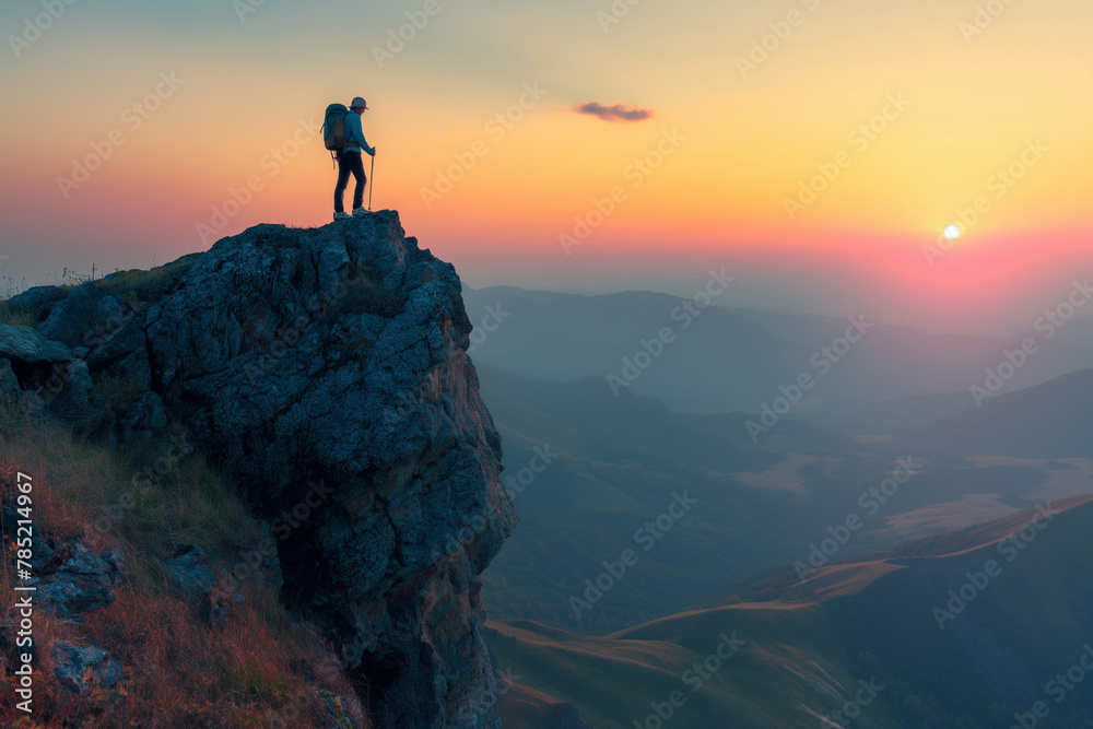 Strong hiker standing on the top of the cliff enjoying with beautiful sunset view.