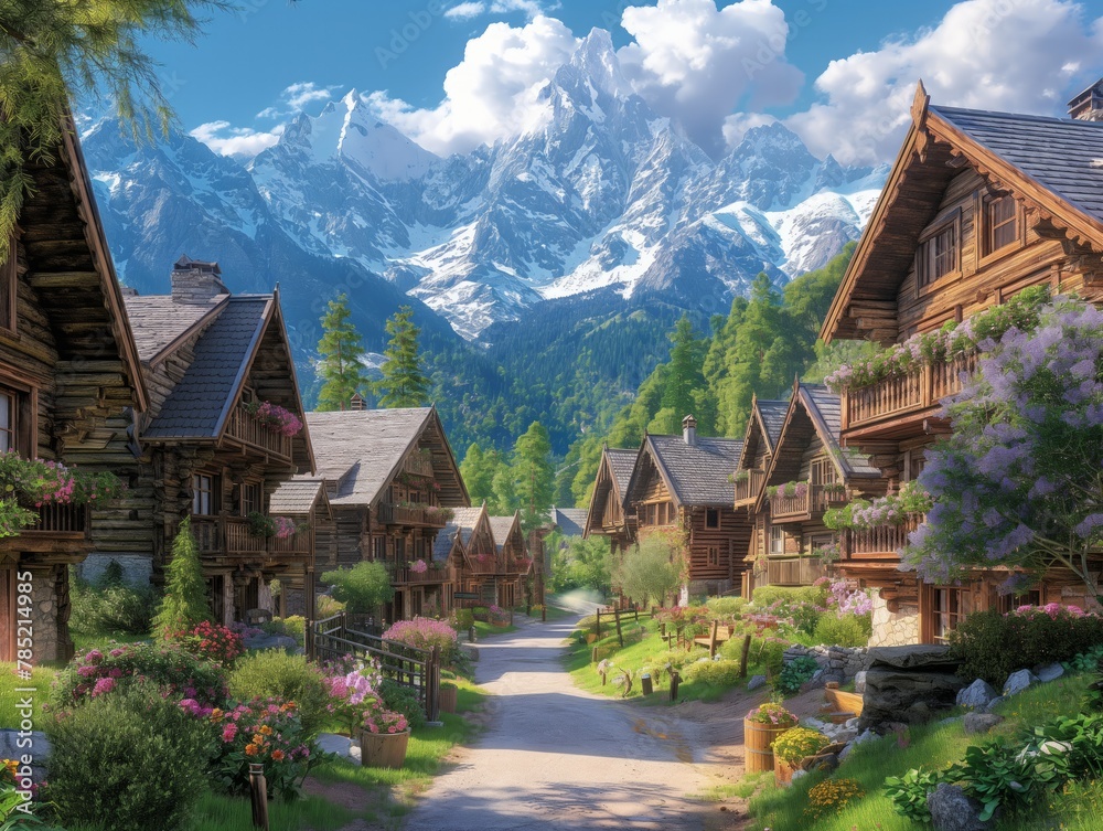 A small village with houses and a road in the middle. The houses are made of wood and have a rustic feel. The road is surrounded by trees and flowers, giving the scene a peaceful and serene atmosphere