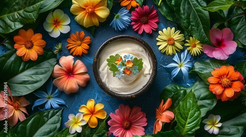 Bowl of Whipped Cream Surrounded by Flowers