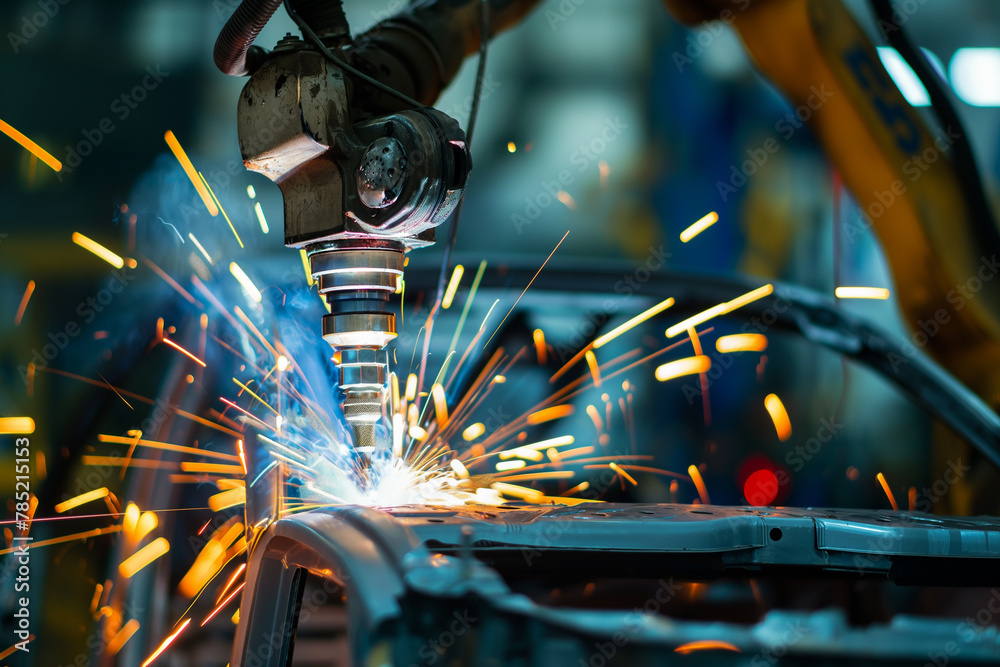 Automatic welding robot arm with HUD data and control, working welding assembly car chassis in automobile industry. Automatic welding robot arm with HUD data and control, working welding assembly car chassis in automobile industry.