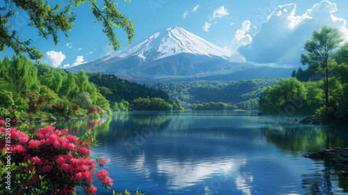 The majestic Mount Fuji overlooking a serene lake, with colorful flowers and lush greenery © ChubbyCat