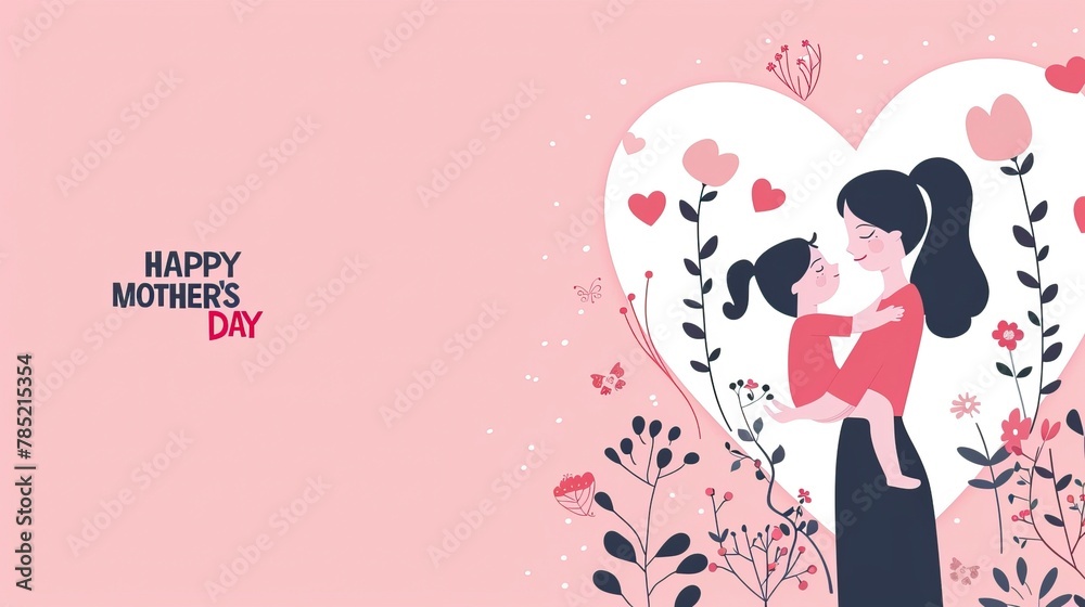 Happy Mother's Day vector illustration with a pink heart and a mother silhouette holding a baby. Combined with the text Happy Mother's Day vector illustration with a pink heart and a mother silhouette holding a baby. Combined with the text