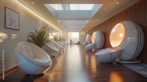 Modern futuristic spa with egg-shaped pods in a luxurious setting photo