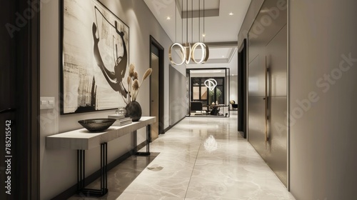 Elegant minimalist foyer with modern art and circular lighting fixtures