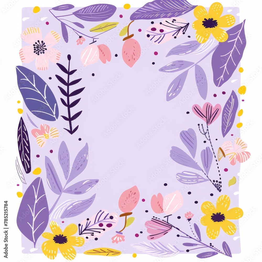A colorful floral frame with flowers and leaves on a purple background.