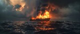 Cargo ship engulfed in flames at sea under a stormy sky. Maritime disaster captured in high resolution. Dramatic and powerful scene. AI