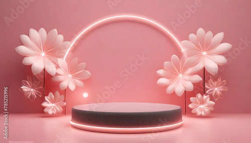 Circular pedestal  with a pink and relaxing background. Great for placing display items.