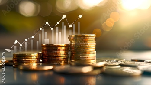 Stacks of coins with rising arrow graphics depicting financial growth. Investment and profit concept with a bokeh background. Ideal for business and economic themes. AI