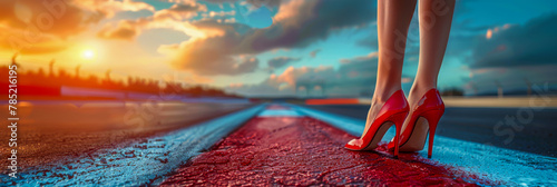 Woman's Red High Heels on Highway with Sunset Backdrop Symbolizing Travel and Adventure