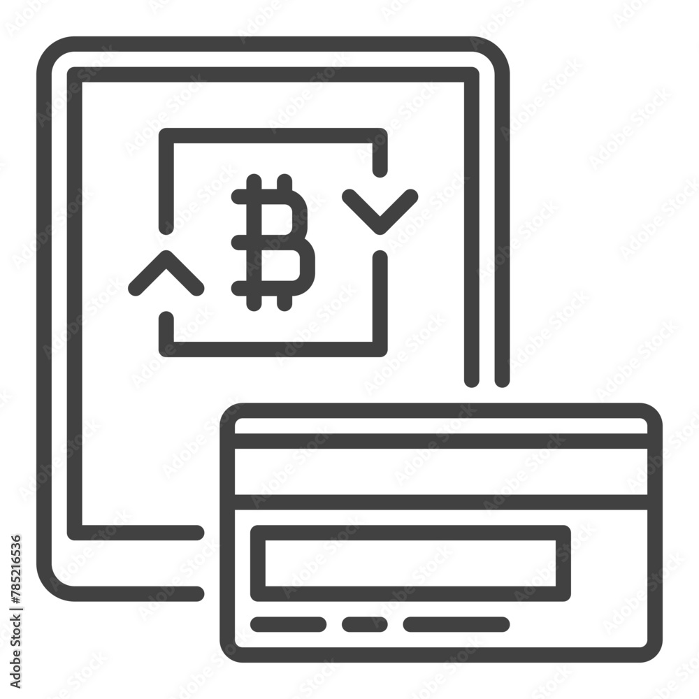 Tablet with Bitcoin and Credit Card vector Cryptocurrency Money icon or sign in outline style