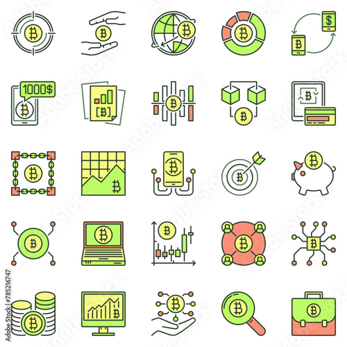 Bitcoin and Cryptocurrency colored icons set. Crypto Technology vector concept signs