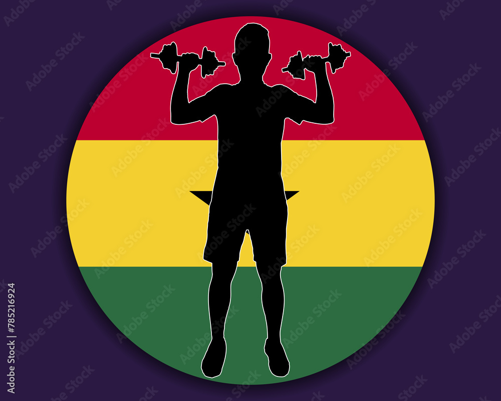 Athlete with dumbbells front of Ghana flag, bodybuilder silhouette vector Athlete with dumbbells front of Ghana flag, bodybuilder silhouette vector