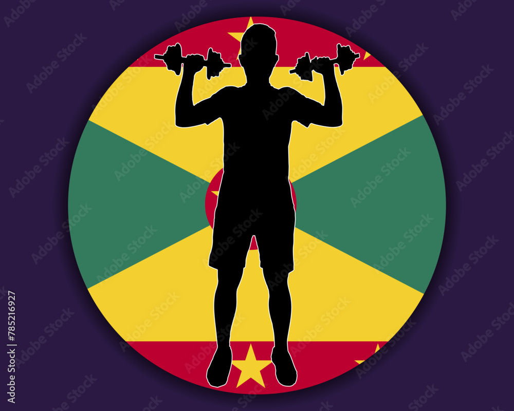 Athlete with dumbbells front of Grenada flag, bodybuilder silhouette vector Athlete with dumbbells front of Grenada flag, bodybuilder silhouette vector