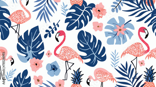 Lovely blue digital patter with flamingos and pink pi