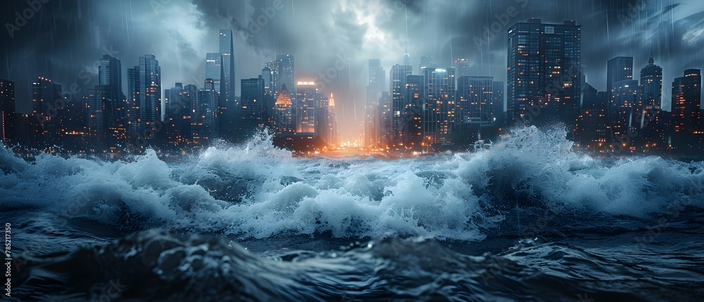 Impending Deluge: A City's Looming Watery Peril. Concept Natural Disasters, Flooding, Climate Change, Urban Resilience, Emergency Preparedness