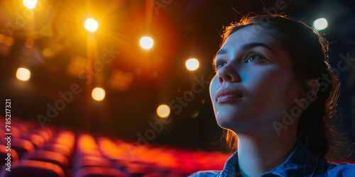 Hopeful young actress absorbs the glow of stage lights in an empty theater during a rehearsal.