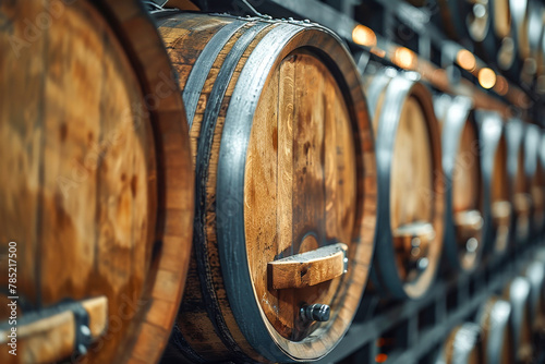 Vintage Wooden Wine Barrels Stacked in Cella photo