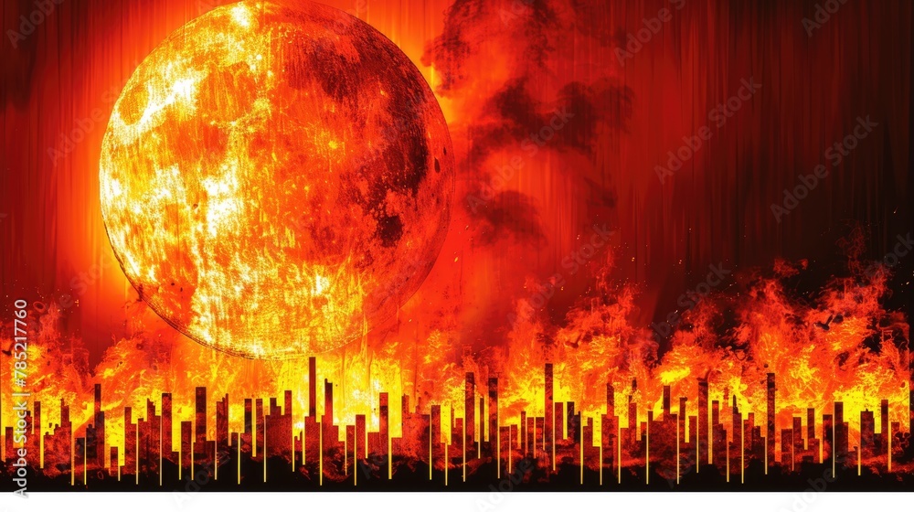 Planet earth with cities engulfed in roaring flames, creating a surreal and catastrophic scene of destruction and chaos