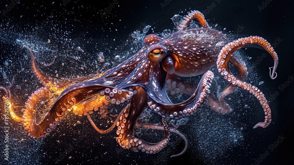 Octopus propelling itself through the water with a burst of electric sparks trailing behind, conveying the idea of both power and grace in its underwater domain. Octopus propelling itself through the water with a burst of electric sparks trailing behind, conveying the idea of both power and grace in its underwater domain.