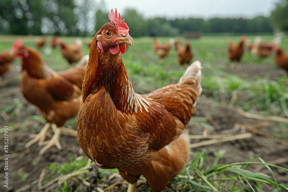 Fototapeta premium Chickens on an eco farm walk in a green meadow