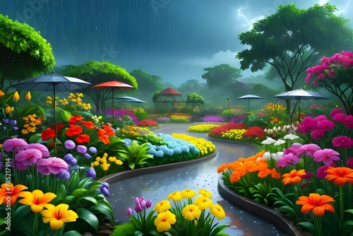 A landscape of a beautiful flower garden with monsoon rain and thunderstorm