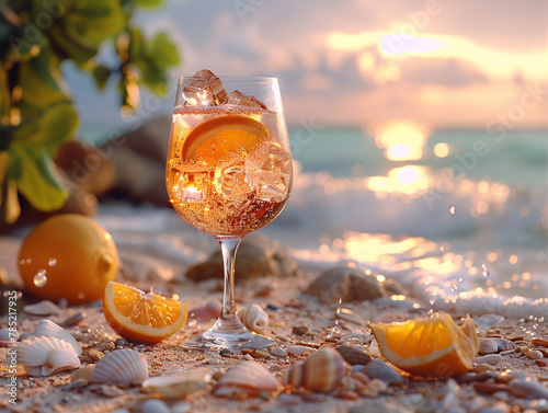 Summer coctail Aperol spritz in glass with oranges with water drops, on the sand with tropical sea and beach background, still life