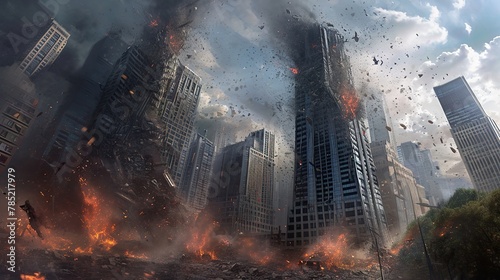 City skyline in disarray, with towering buildings crumbling and debris flying as colossal creatures, titans, monster cause a rampage. photo