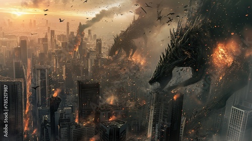 City skyline in disarray  with towering buildings crumbling and debris flying as colossal creatures  titans  monster cause a rampage.