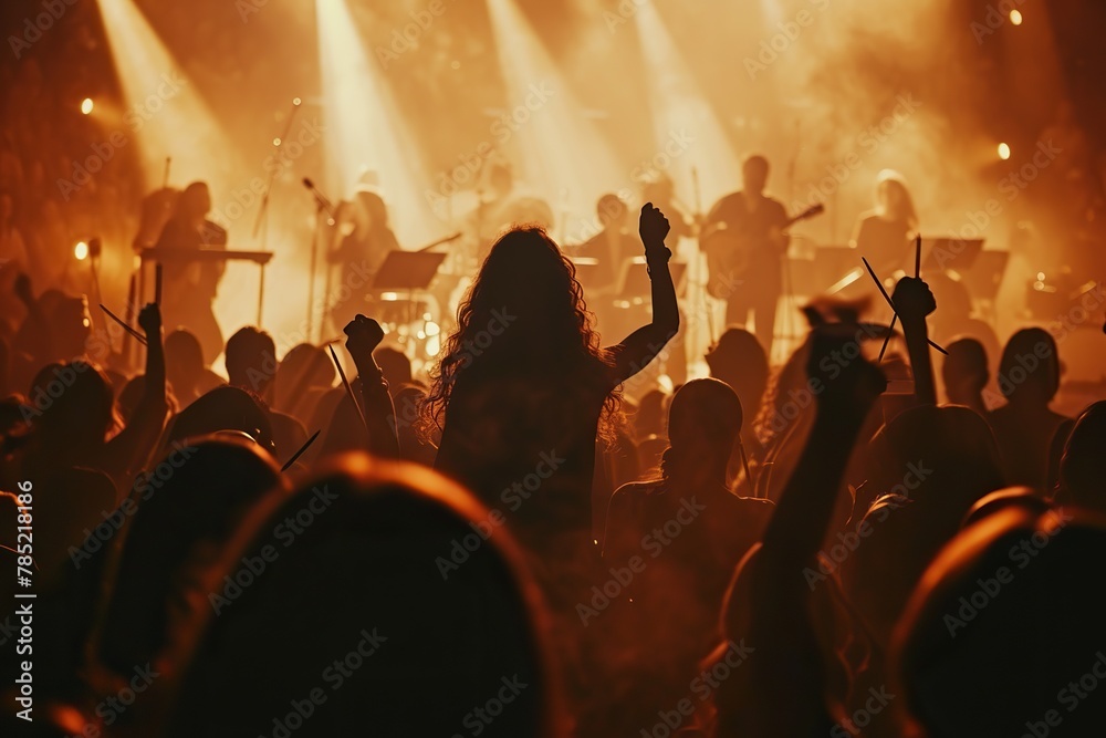 Energy of a concert hall during a live performance, with musicians passionately engaged in their craft. vibrancy and emotion of a live musical experience.